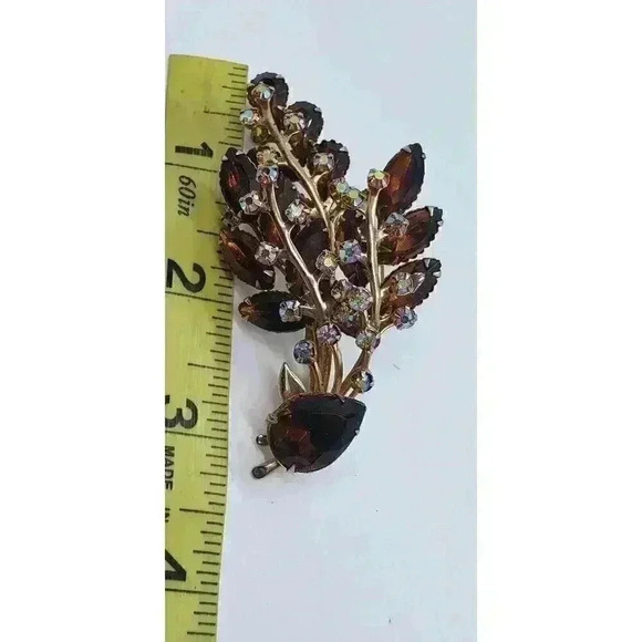 Vintage Brooch Rhinestone Leaf Spray Amber & AB Stones Estate Judy Lee - Picture 9 of 11